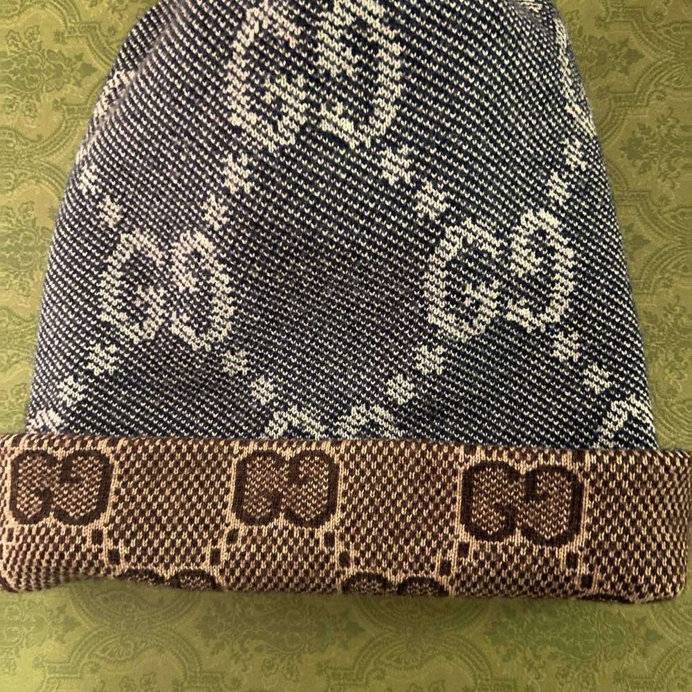 Gucci Monogram Brown, Denim Blue and White Beanie - Picture 5 of 5